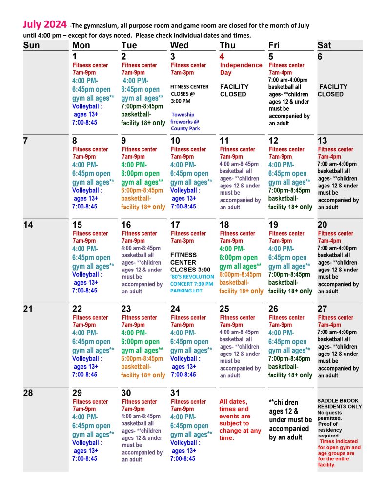 SB Rec Center Calendar July 2024