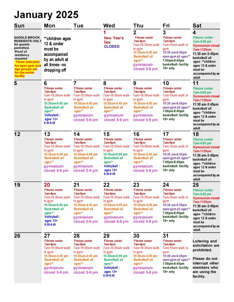 January 2025 rec calendar