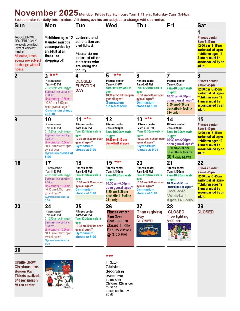 November 2025 Recreation Department Calendar