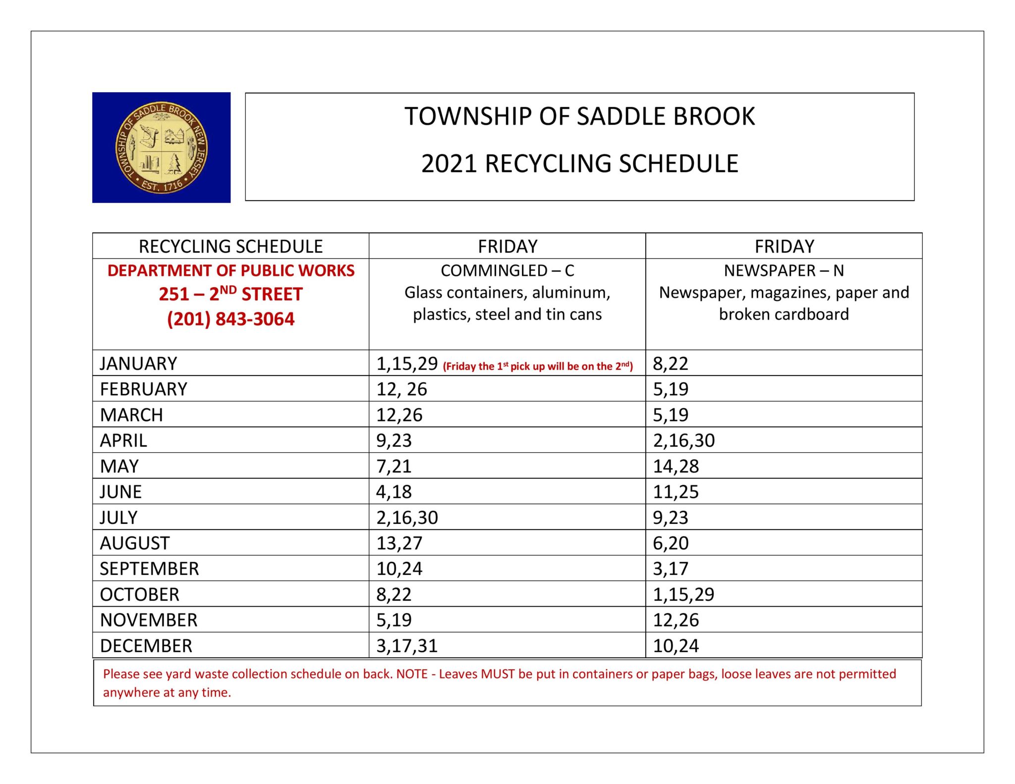 2019 Recycling Calendar & Collection Fliers Saddlebrooknj DPW