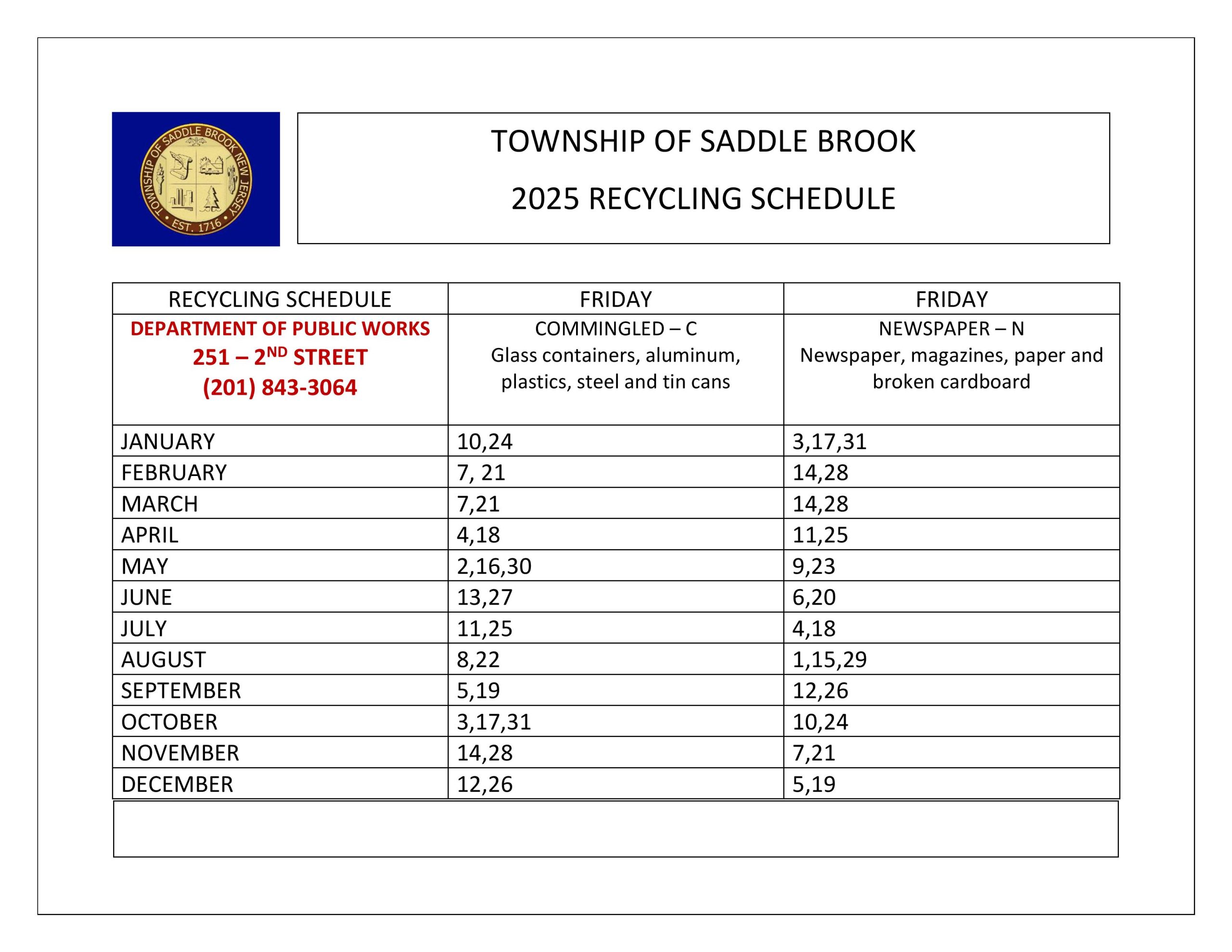 2025 Recycling Calendar & Collection Fliers Saddlebrooknj DPW