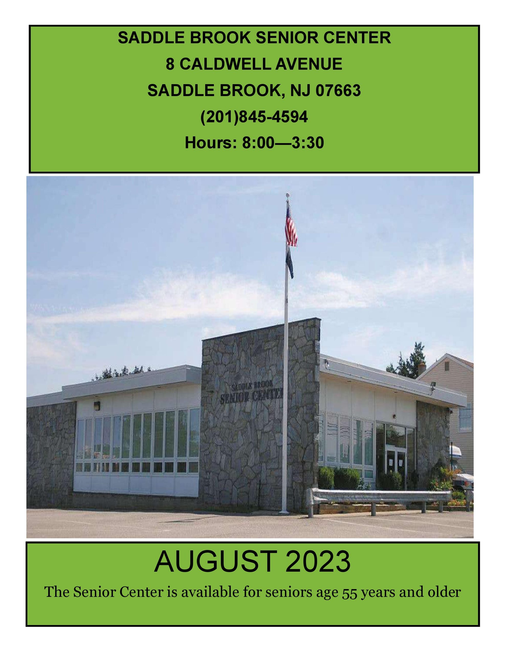 Saddle Brook Senior Center Newsletter Cover for August 2023