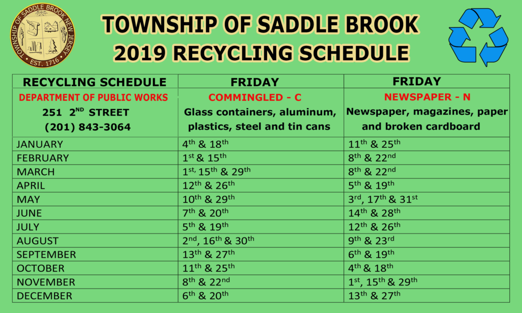 RECYCLING SCHEDULE 2019 Township of Saddle Brook New Jersey
