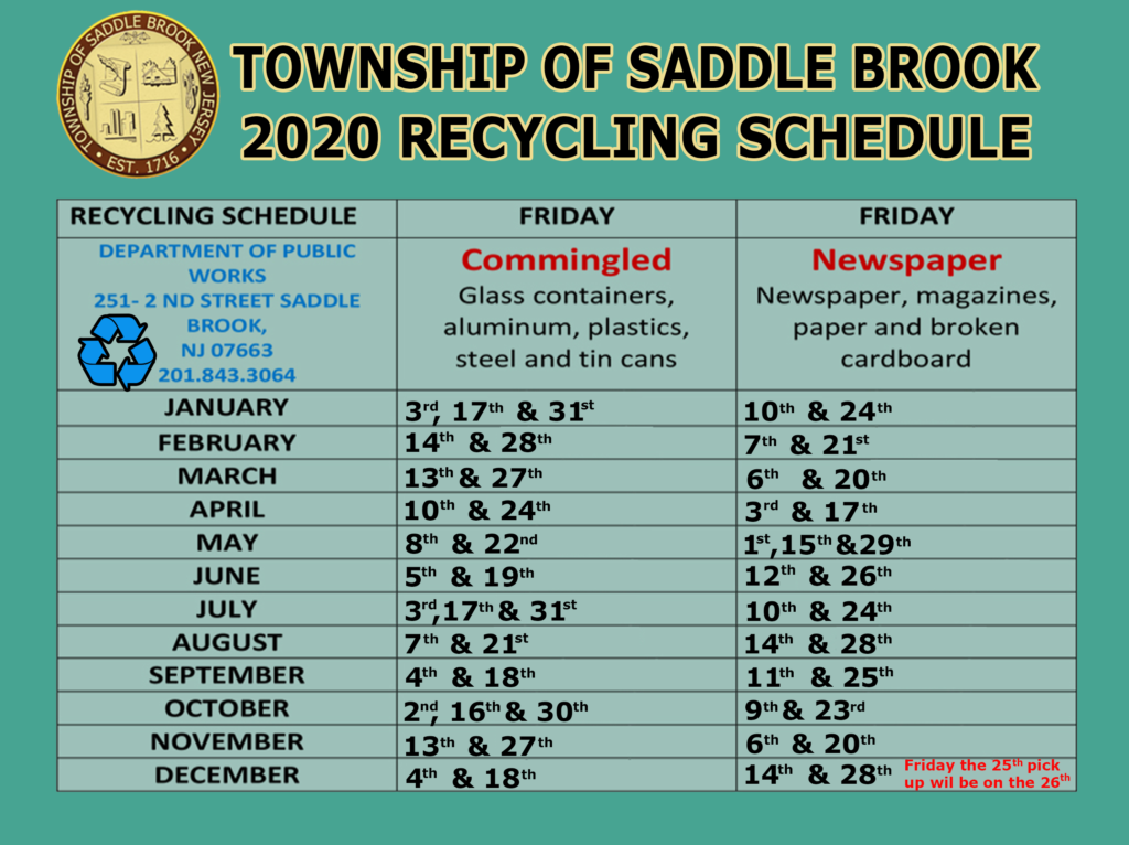 RECYCLING SCHEDULE 2020 - Township of Saddle Brook New Jersey