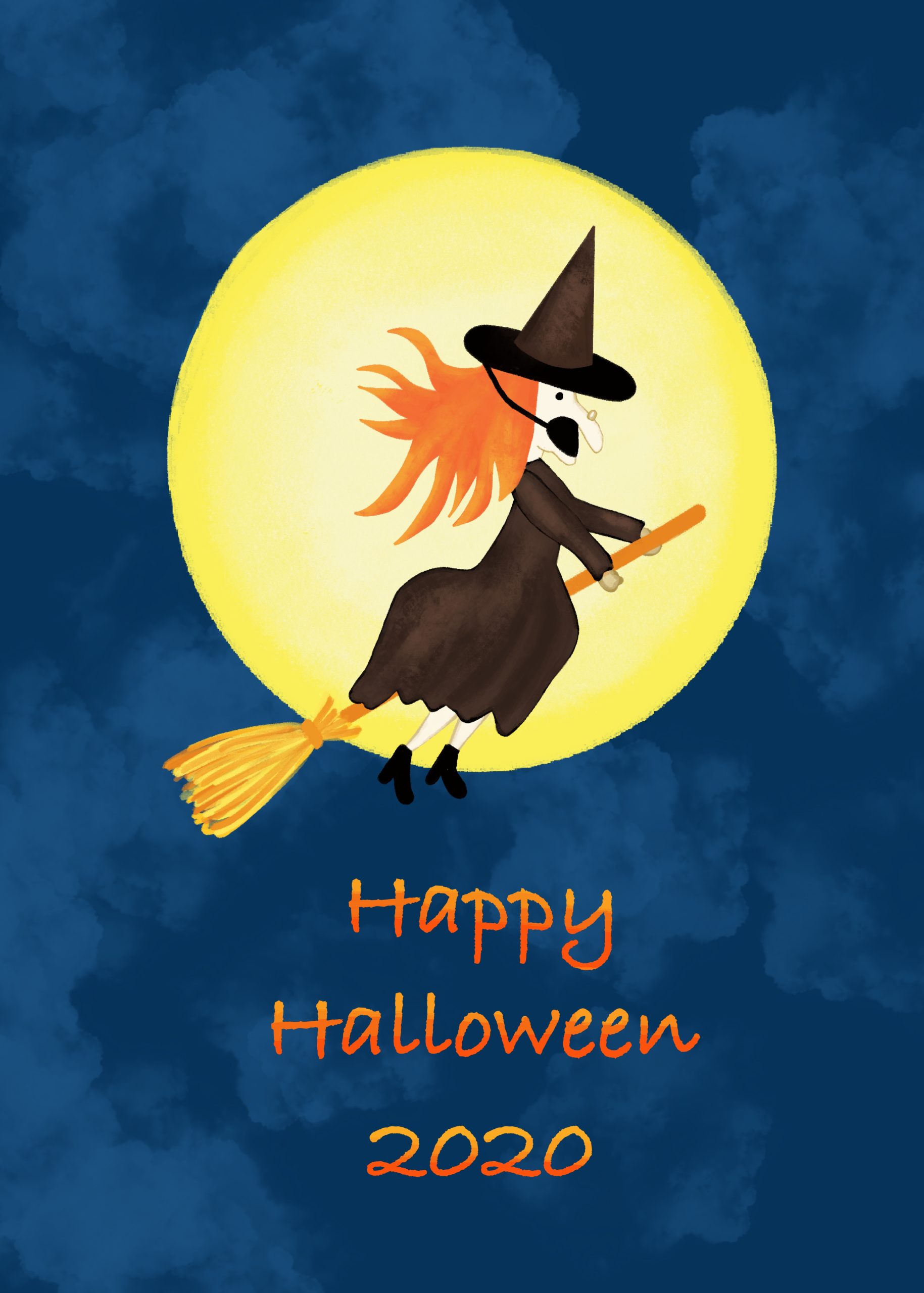 Halloween Greeting Card Template Hand Drawn Illustration Flying Witch Wearing A Face Mask Full Moon Social Distancing Design Flyer Poster Greeting Card Social Media Post Township Of Saddle Brook New Jersey