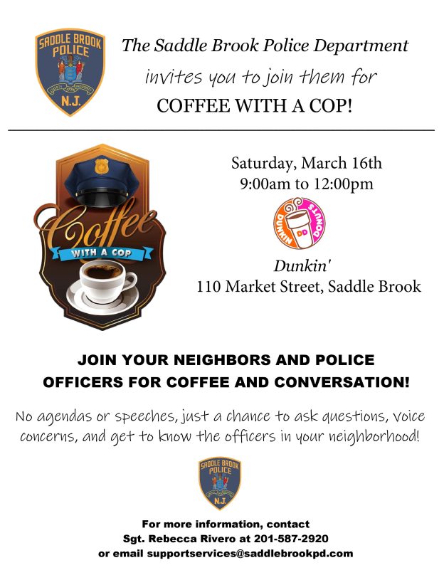 Saddle bRook Coffee With A Cop March 16, 2024