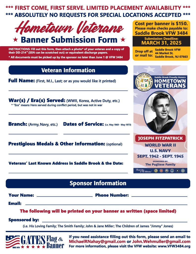 Saddle Brook Hometown Heroes Veterans Banners FORM 2025